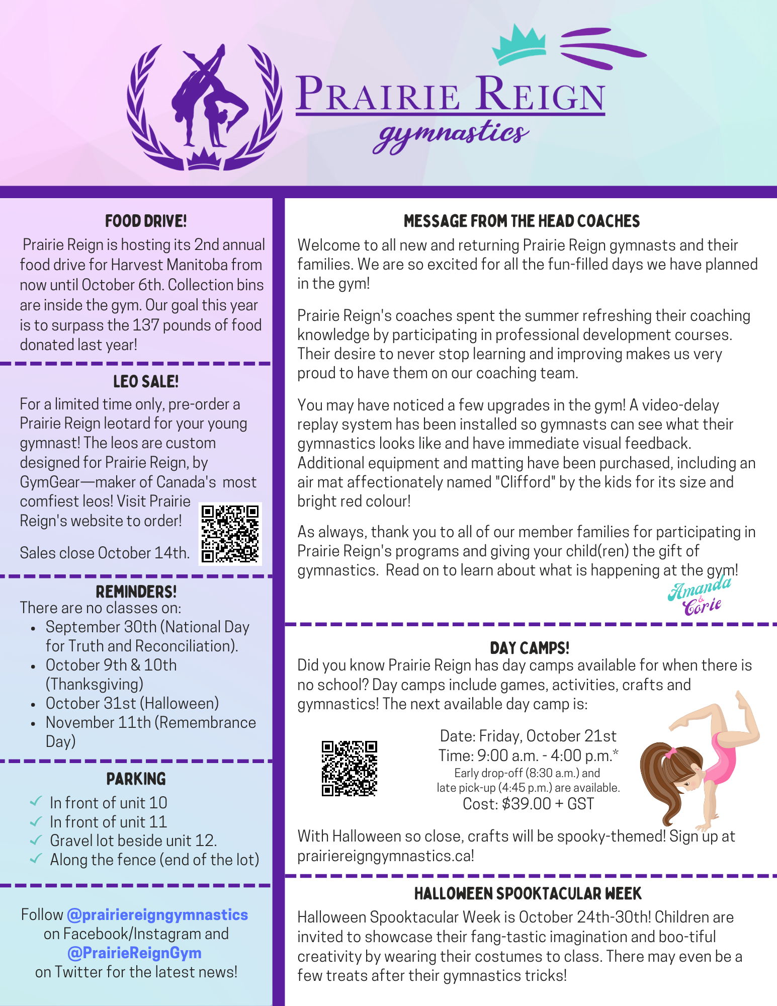 Prairie Reign Gymnastics fall 2022 newsletter with cartoon gymnast and text