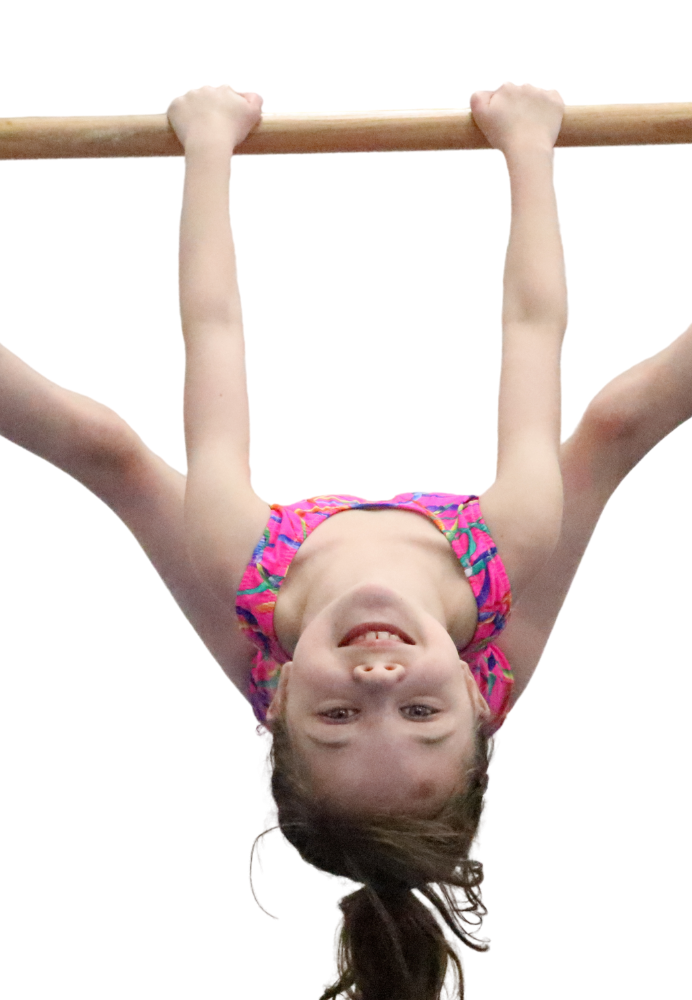 5 year old girl upside down at gymnastics