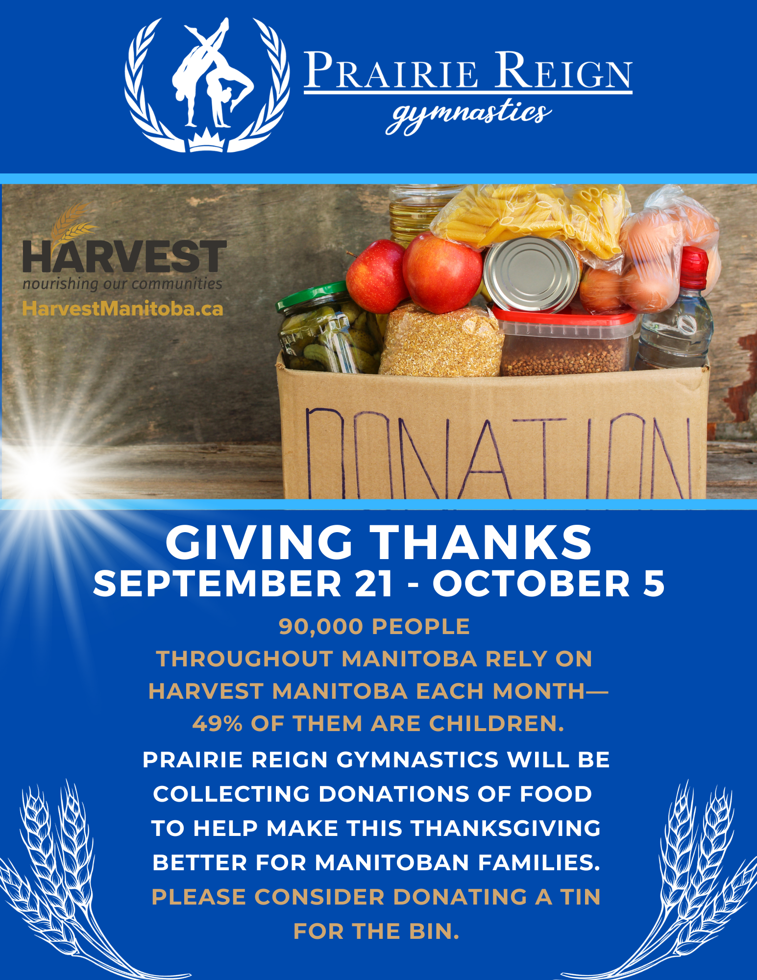 Poster with food donation box, Prairie Reign logo and Harvest Manitoba logo